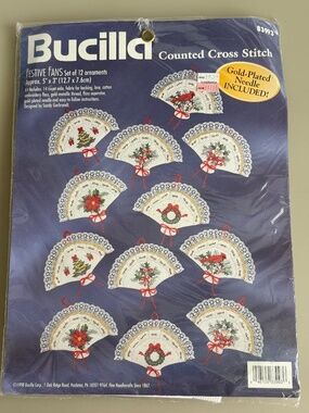 Bucilla FESTIVE FANS Set of 12 Christmas ORNAMENTS #83993 Cross Stitch KIT